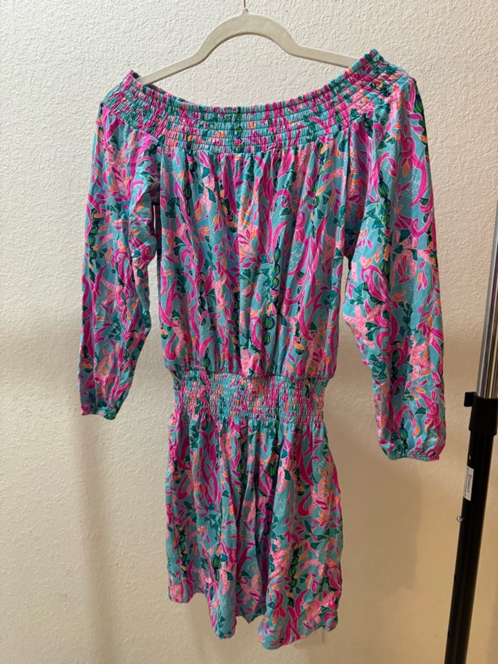 Lilly Pulitzer Multi Floral Off-Shoulder Dress in Teal and Hot Pink